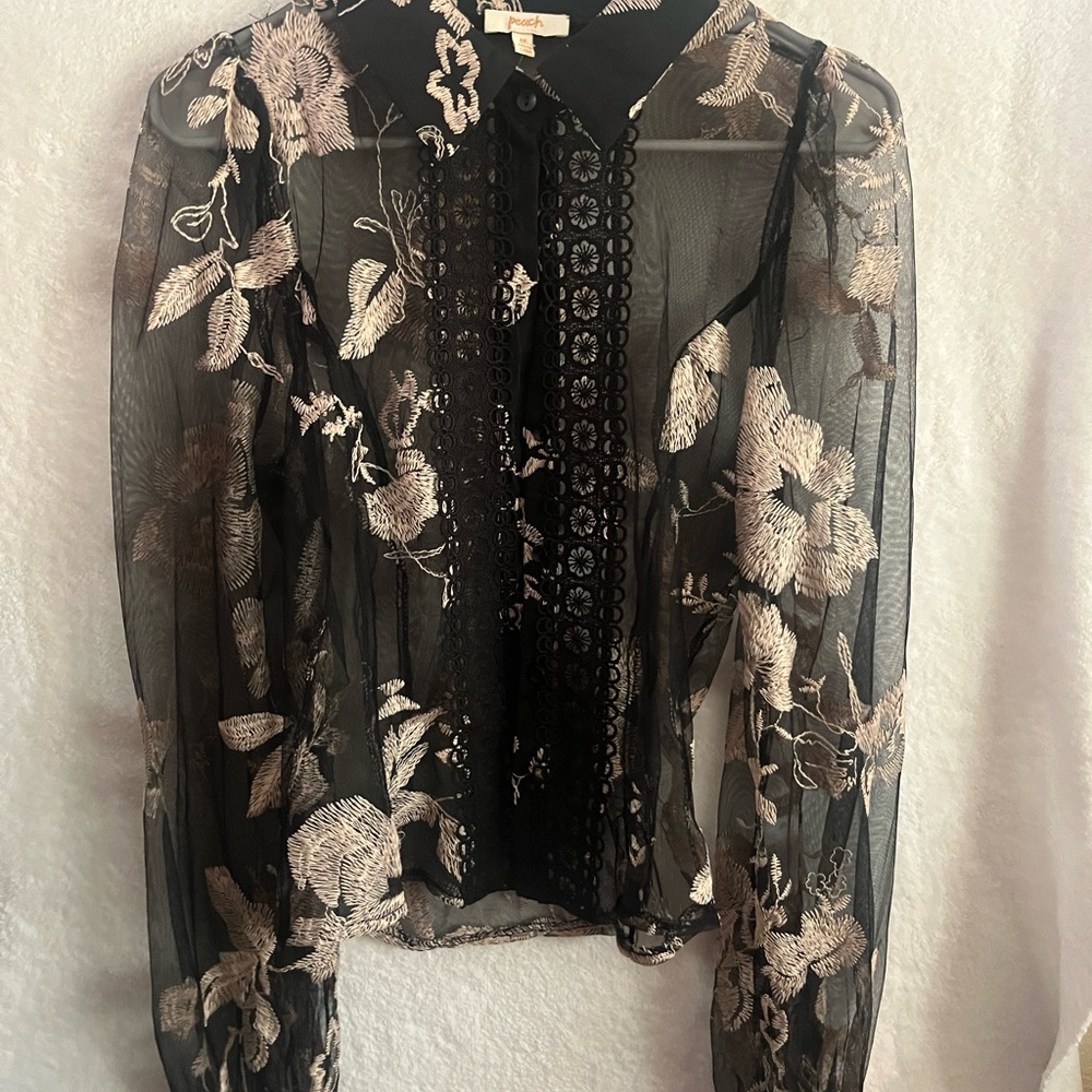 Peach Men's Black Shirt with Light Pink Embroidery